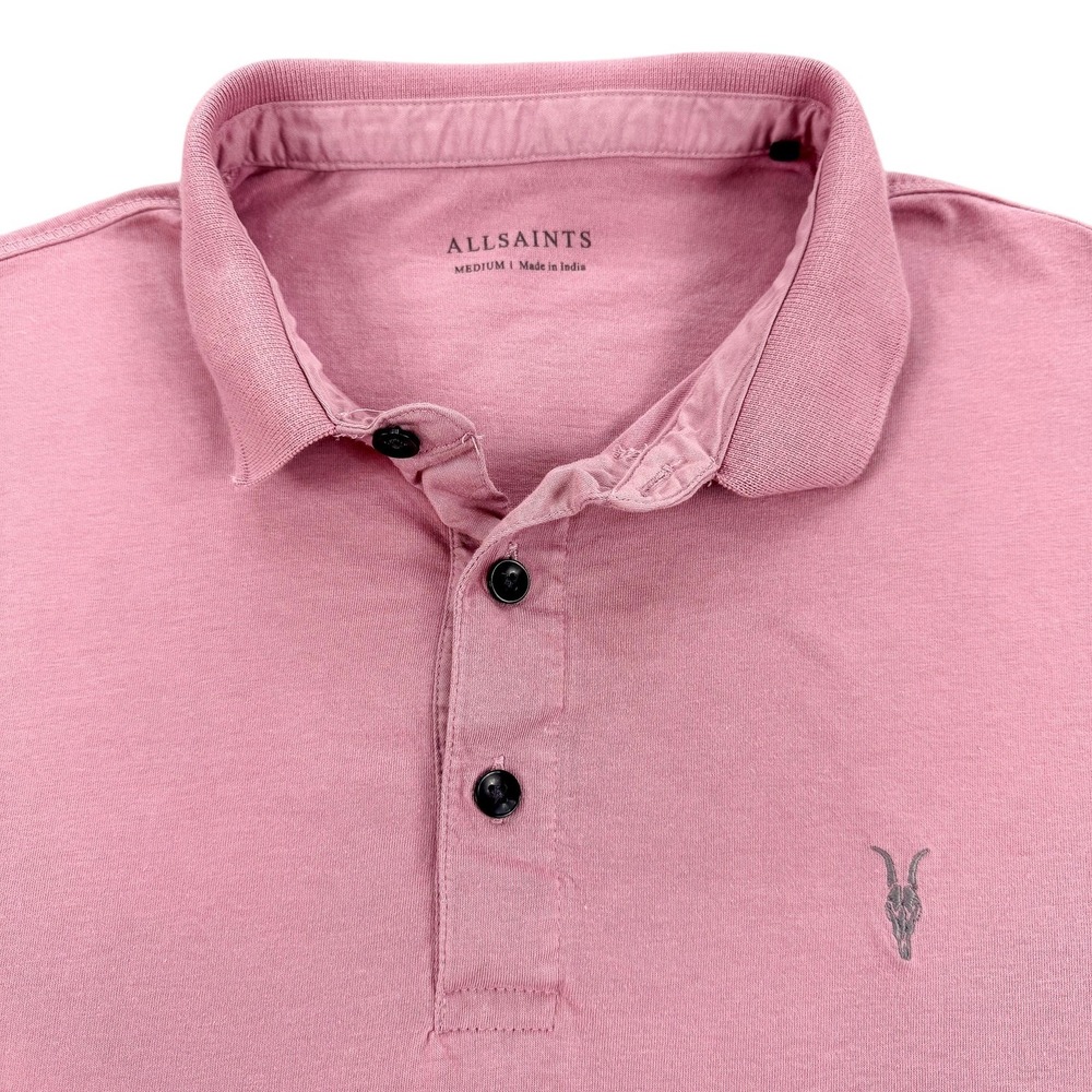 AllSaints Polo Shirt Mens Medium Pink Organic Cotton Logo Jersey Casual Top